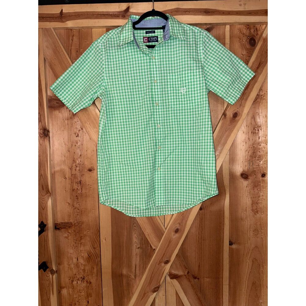 Chaps Mens Easy Care Green White Gingham Check Button Down Shirt Small S Preppy